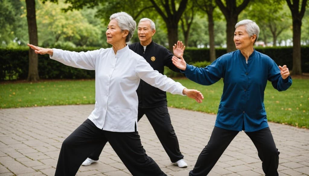 Three adults practicing Tai Chi outdoors in a park
